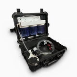 Purinade Five-Barrier system open, angled view of the filter housings, pump and hoses stored inside the hard case